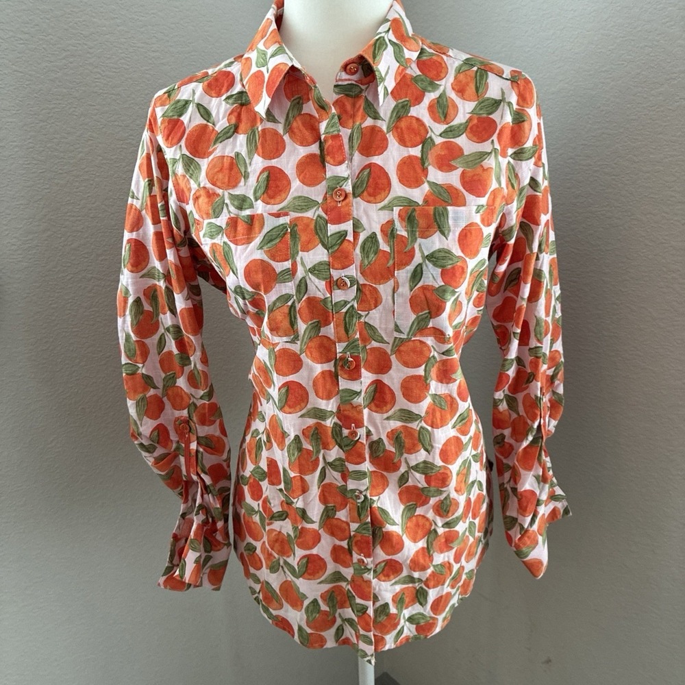 Foxcroft Womens Large Oranges Citrus Fruit Print Long Sleeve Button Shirt Size 6